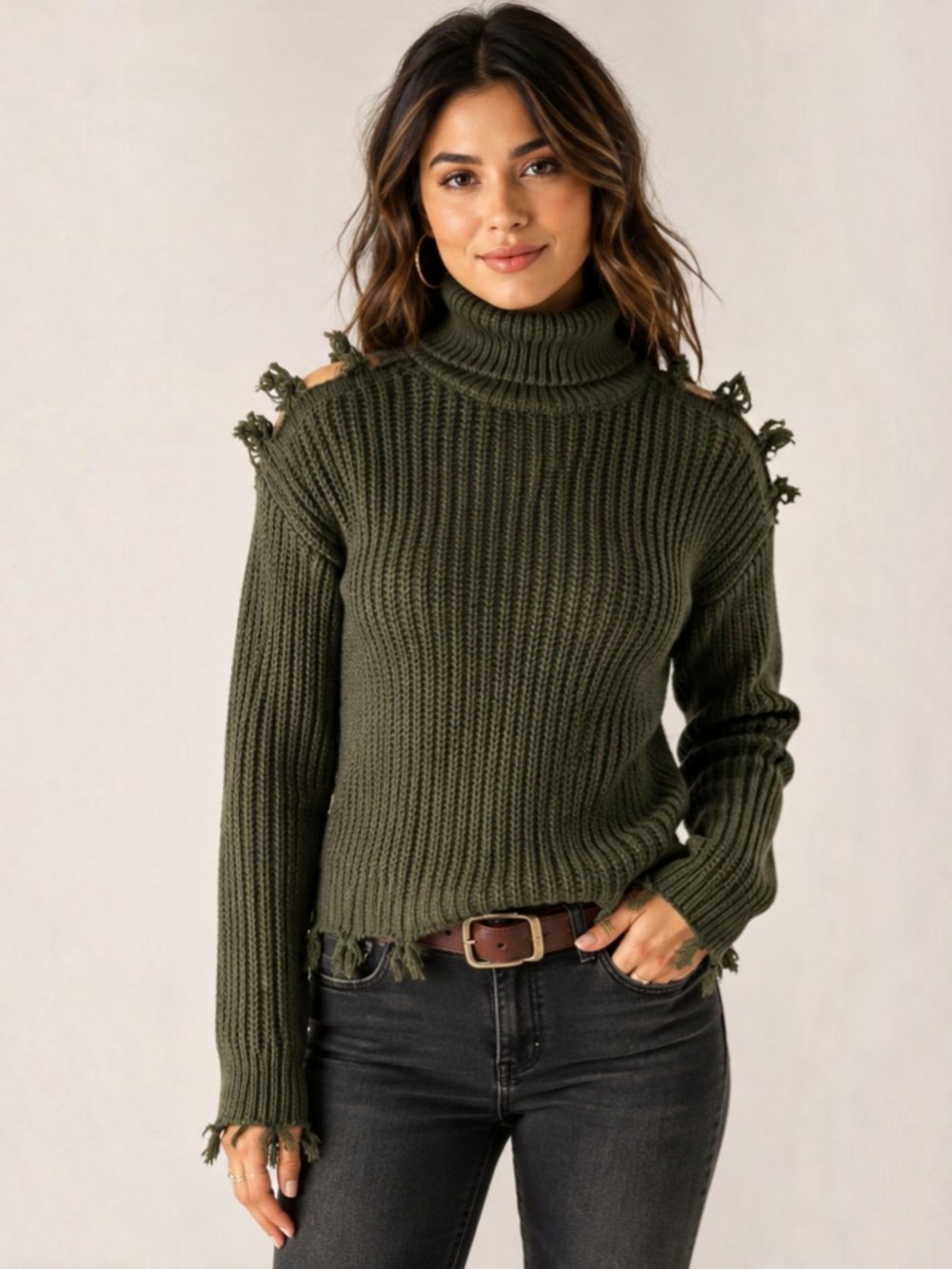 Almost Famous Cold Shoulder Turtleneck Sweater Medium Olive Green Fringe